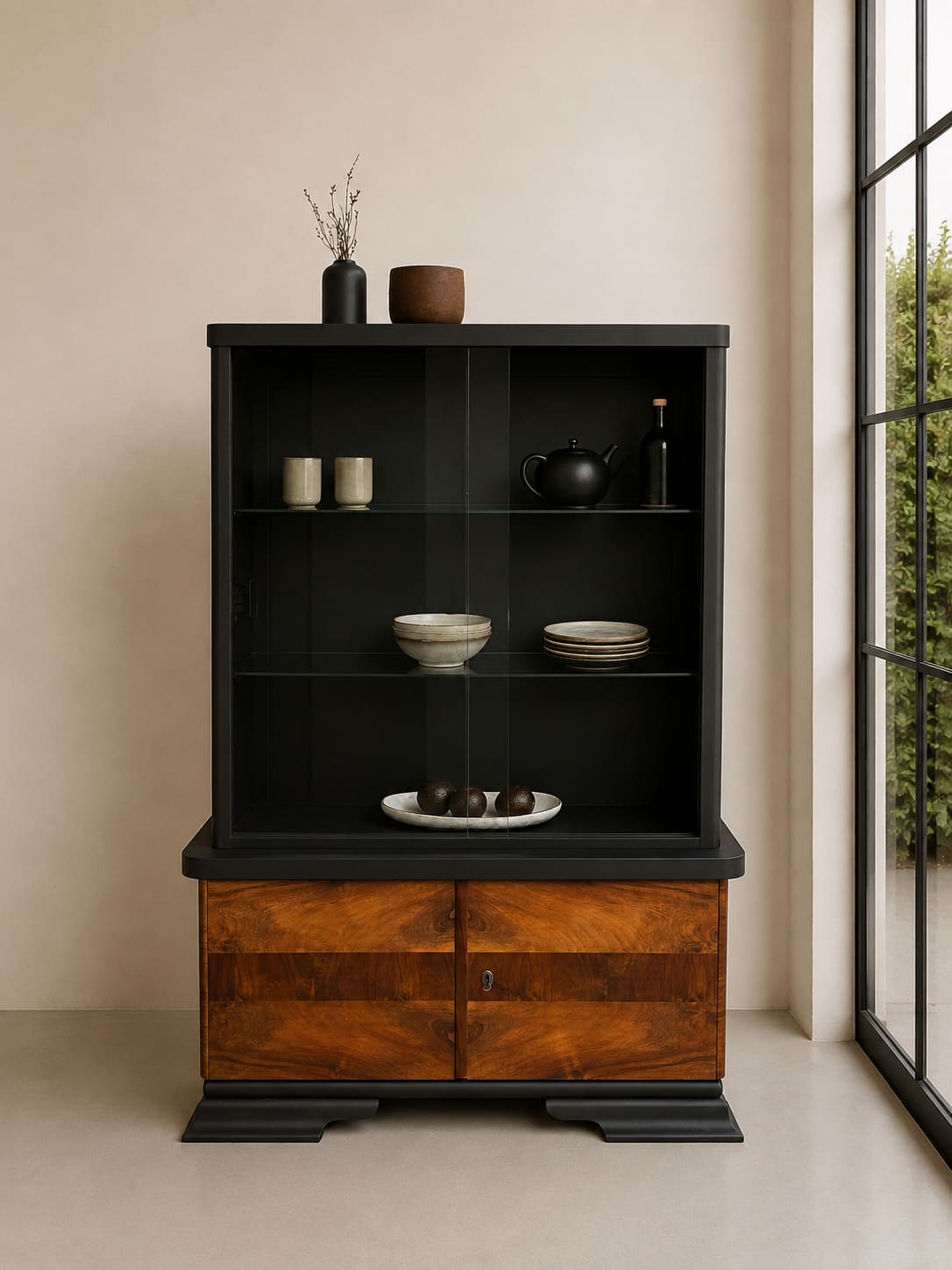 Art-Déco-Vitrine · H 160 cm · B 110/100 cm · T 35/29 cm — digitale Darstellung